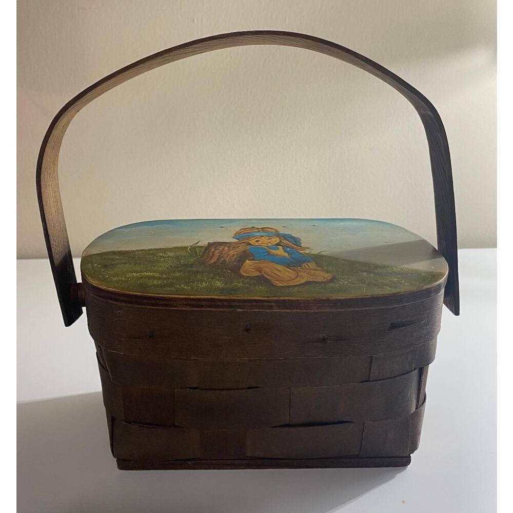 Vintage 60-70's Velvet Lined Wooden Basket Purse Hand Painted Hippie Girl Boho